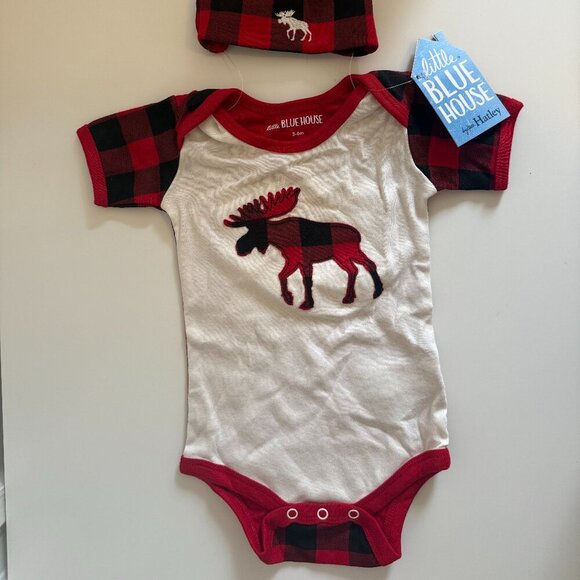 Moose Red Plaid Onesie with Matching Hat and Book 3-6 months NWT - Picture 4 of 12